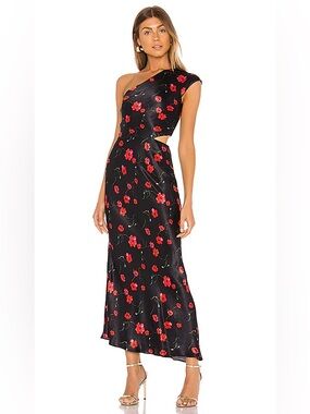 bec + bridge Matilde Asymmetrical Silky Midi Dress Poppy Floral Cocktail Party